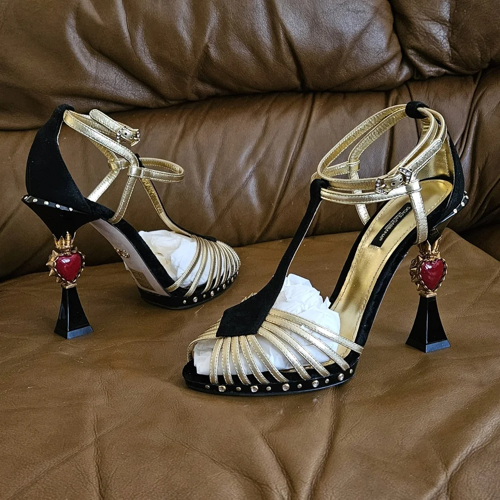 Dolce & Gabbana Black Suede Metallic Gold Leather Luxury Heels Size 8 US (MINT) - Picture 3 of 16